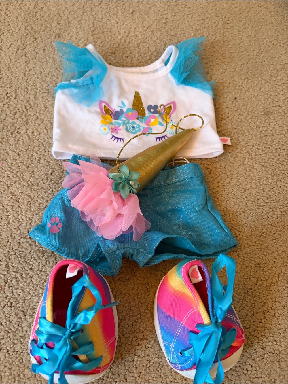 Build-A-Bear Unicorn Outfit - White, Teal, Pink, Gold, Rainbow